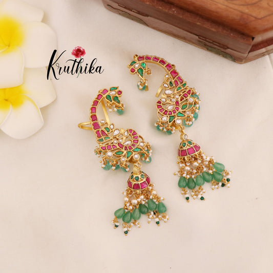 Grand Jadau Peacock Earcuffs Jhumkas with Pastel Green Beads E445