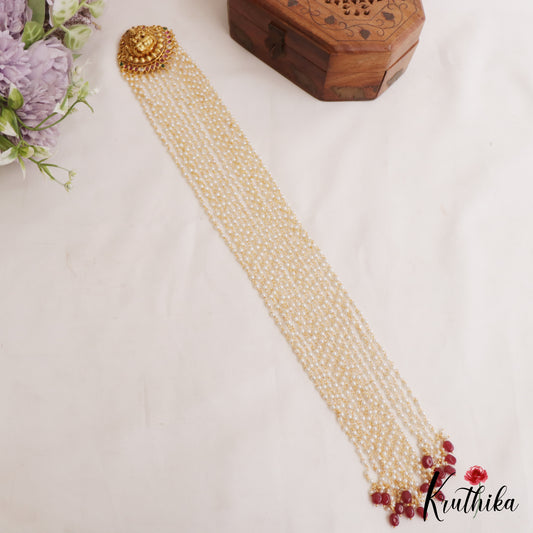 Premium Antique Lakshmi Motifs Multi Pearl Strand Kemp Jada Billa With Bead Drops J383 (Available In 2 Colors)