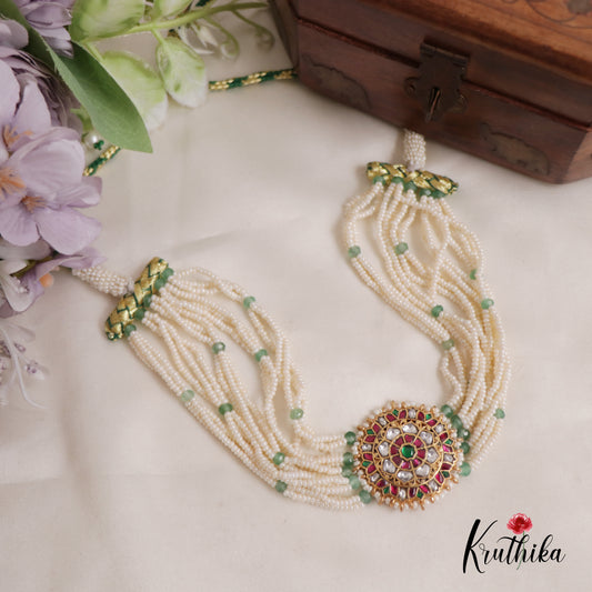 Vintage-Inspired Jadau Kundan Floral Pendant Pearl Necklace NC2553