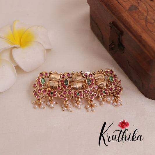 Modern Fusion Peacock Design Multi Stone Hair Clip with Pearl Drops J158