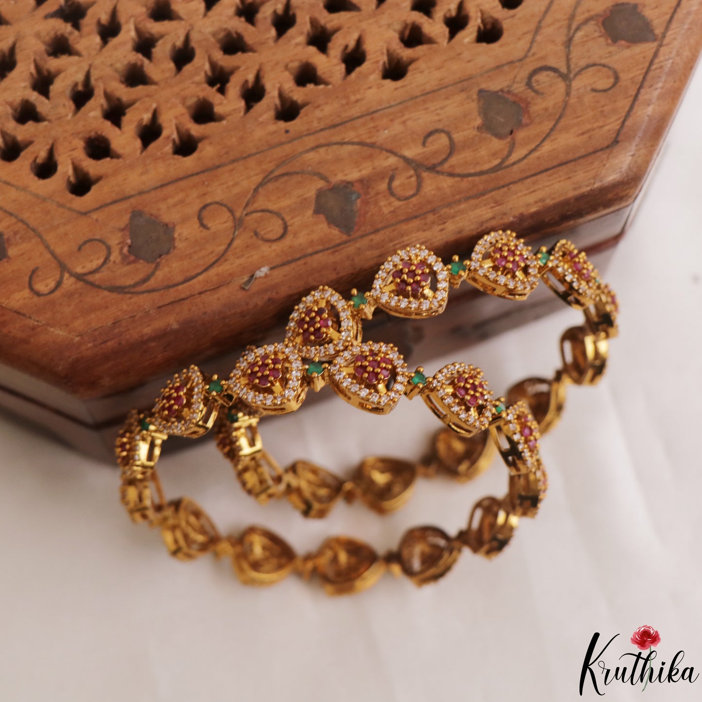 Trendy Floral Motifs CZ Kemp Bangles B564 (Set Of 2)