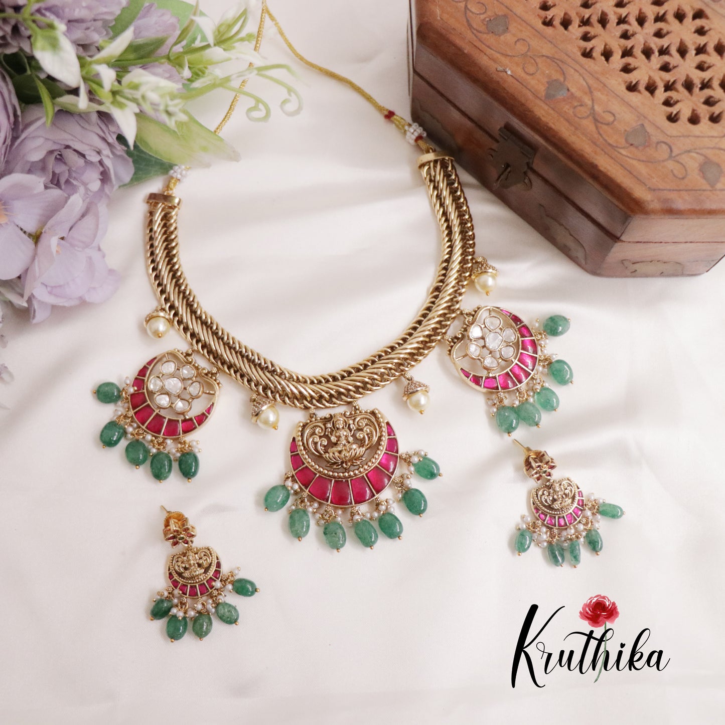 Beautiful Lakshmi Jadau Jalebi style Necklace with Chandbali Pendant Drops NC2256 (Available in 2 Colors)