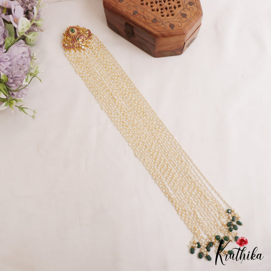 Elegant Lotus Peacock Motifs Multi Pearl Strand Kemp Jada Billa With Green Bead Drops J382 (Available In 2 Colors)
