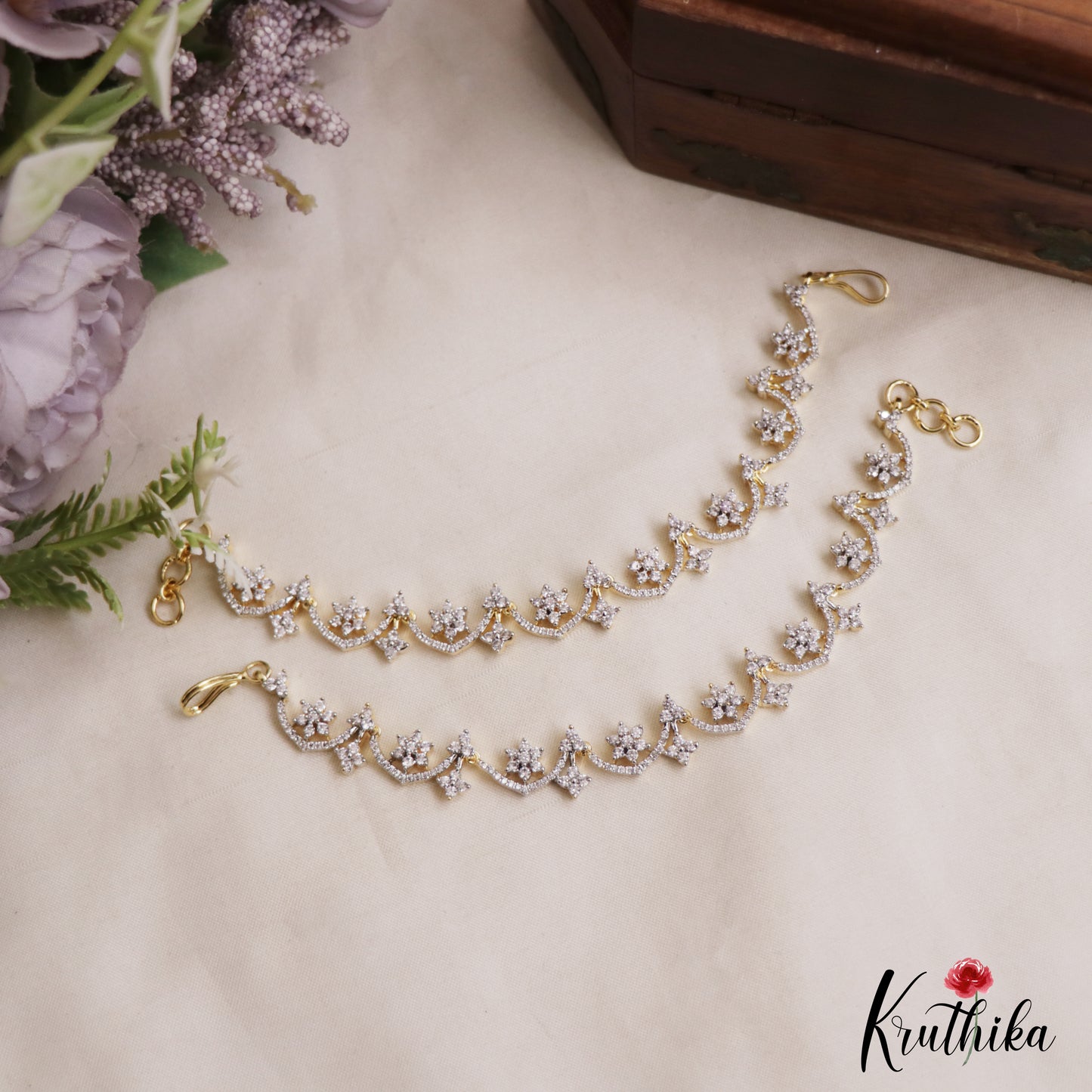 Trendy Floral Motifs Gold-Tone CZ Earchains EC218