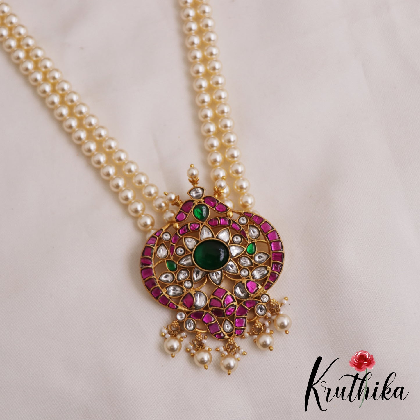 Elegant Floral Motifs Double Strand Pearl Jadau Haaram LH2083