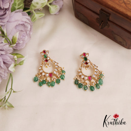 Beautiful Teardrop Chandbali Jadau Earrings With Pearl And Bead Drops E843