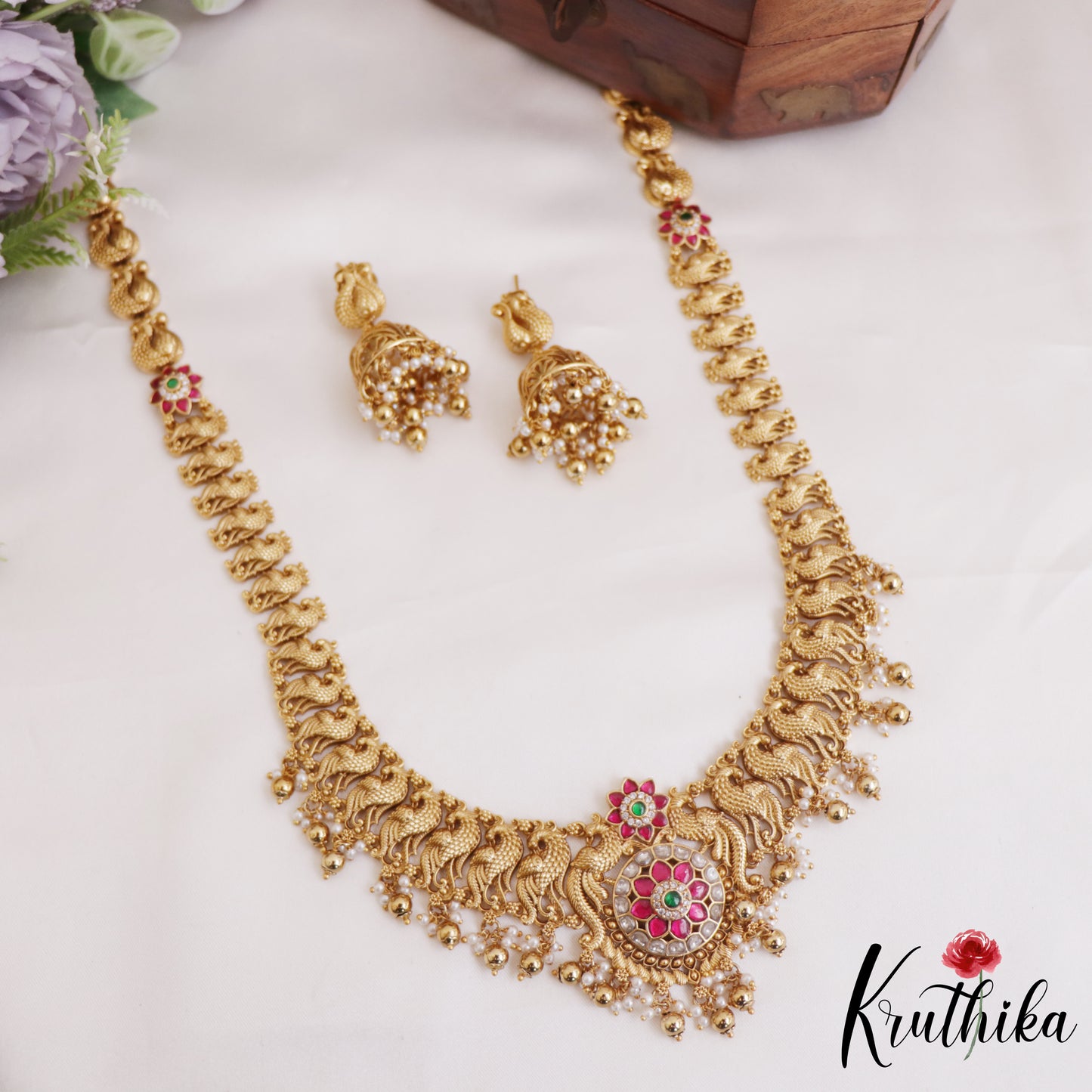 Gorgeous Antique Floral Peacock Motifs Jadau Haaram With Bead Drops LH2048 (Available In 4 Colors)