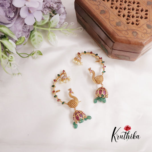 Trendy Peacock AD Earcuff with Jhumkas Beads Drops E658 (Available in 4 Colors)