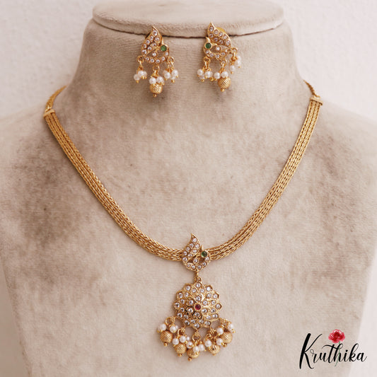 Elegant Peacock Floral Motifs AD Pendant Chain Set NC2871