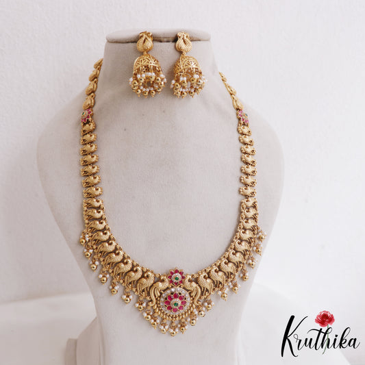 Gorgeous Antique Floral Peacock Motifs Jadau Haaram With Bead Drops LH2048 (Available In 4 Colors)
