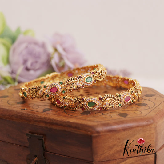 Beautiful Teardrop Peacock Motifs Kemp Bangles B427 (Set Of 2)