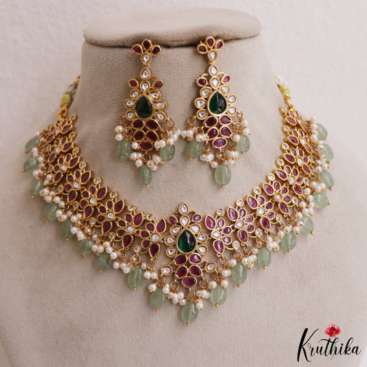 Beautiful Teardrop Motifs Jadau Choker With Green Bead Drops NC2980