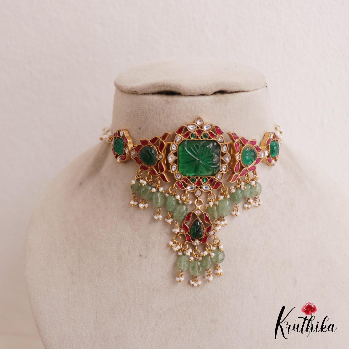 Stunning Geometric Jadau Choker With Pearl And Bead Drops NC2581