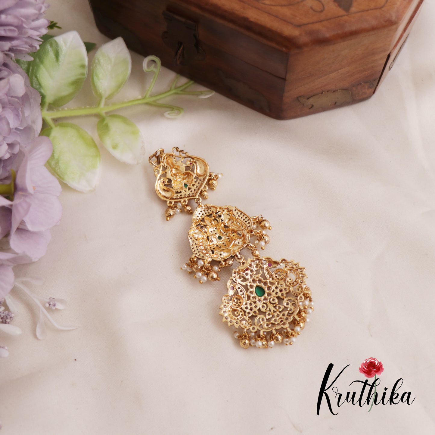 Traditional CZ Lashmi Peacock Motif With Pearl And Gold Bead Drops Jada Billa J266