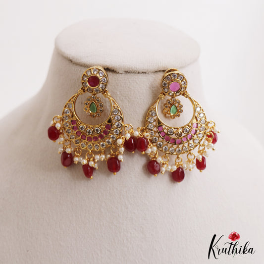 Classic Floral Motifs Chandbali AD Earrings With Bead Drops E1089 (Available In 2 Colors)