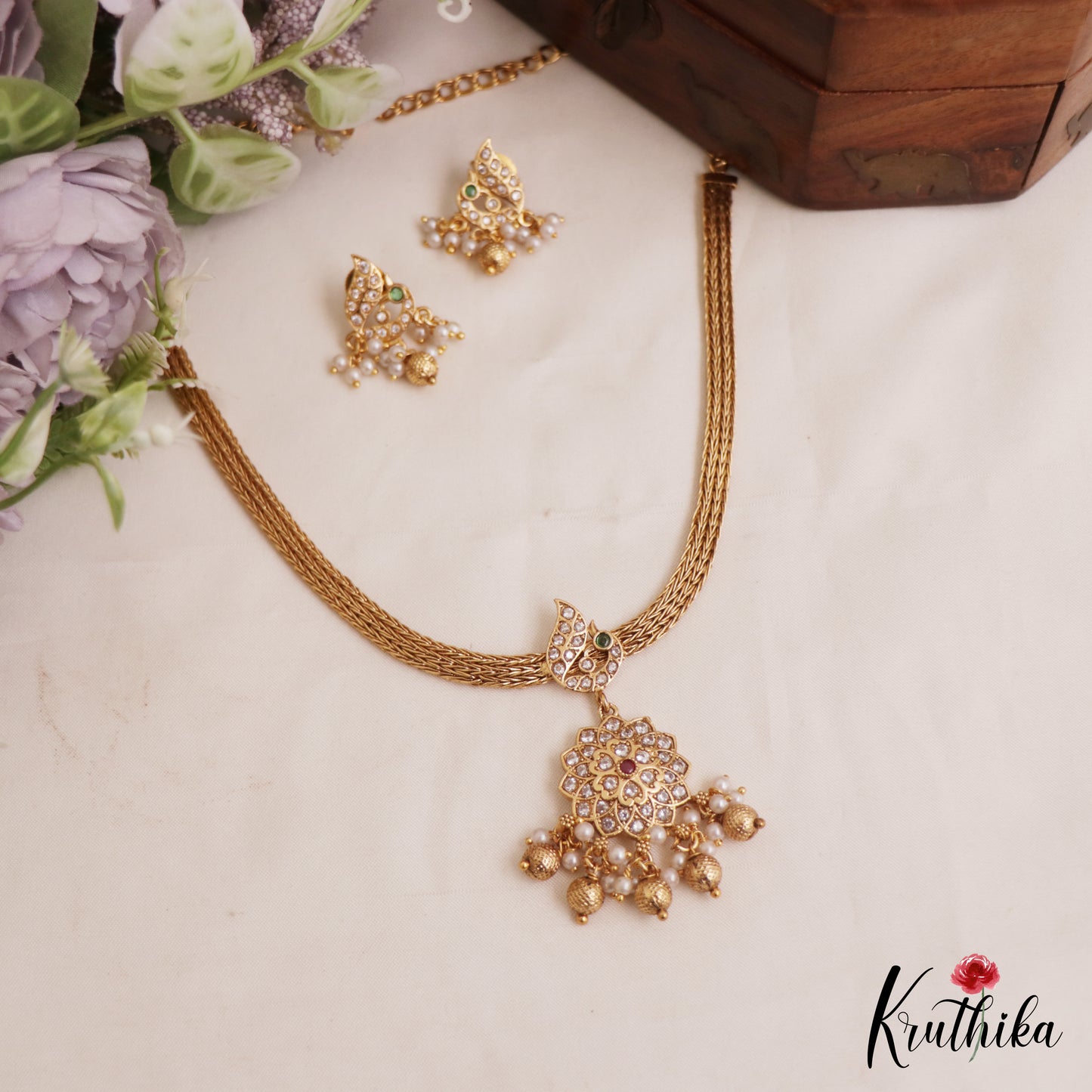 Elegant Peacock Floral Motifs AD Pendant Chain Set NC2871