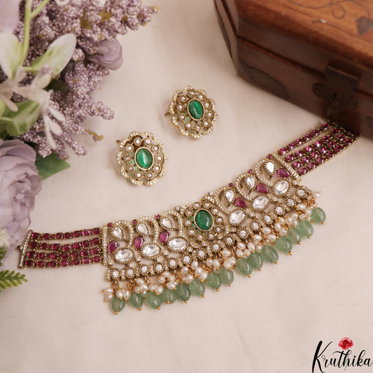 Sparkling Teardrop Motifs Polki Victorian Choker With Green Bead Drops NC3006