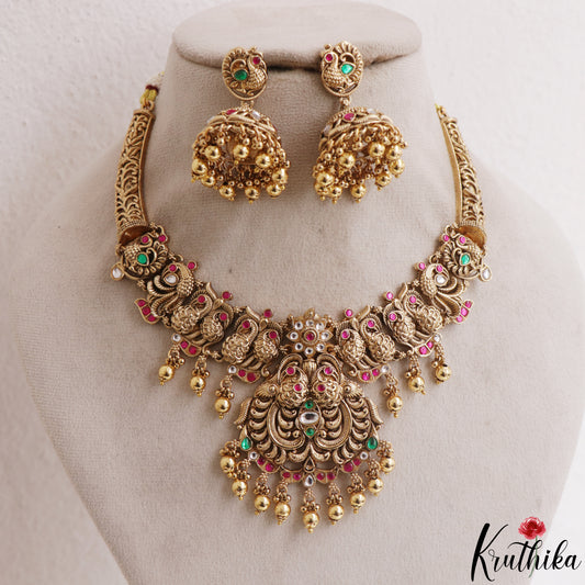 Gorgeous Antique Peacock Motifs Temple Necklace With Bead Drops NC3139 (Available In 2 Colors)