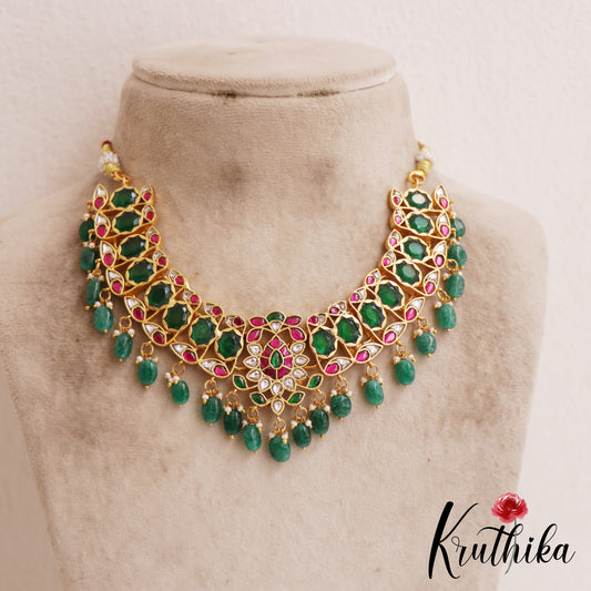 Stunning Floral Teardrop Motifs Jadau Choker With Green Bead Drops NC2844