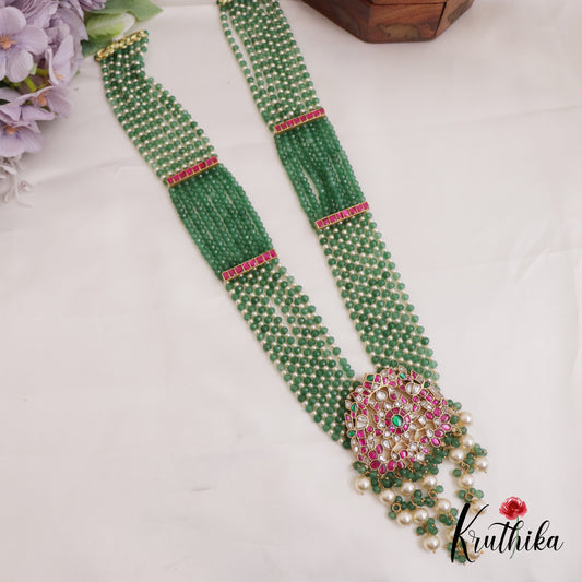 Stunning Floral Motifs Multi Strands Green Beaded Jadau Haaram LH2047