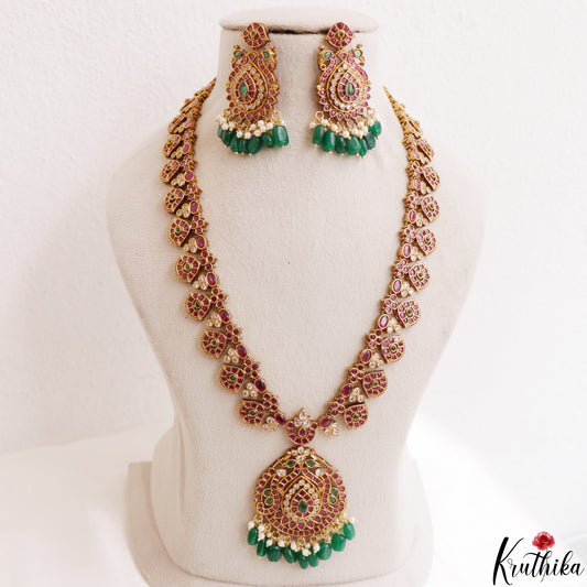 Premium Peacock Floral Motifs Kemp Haaram With Green Bead Drops LH2190