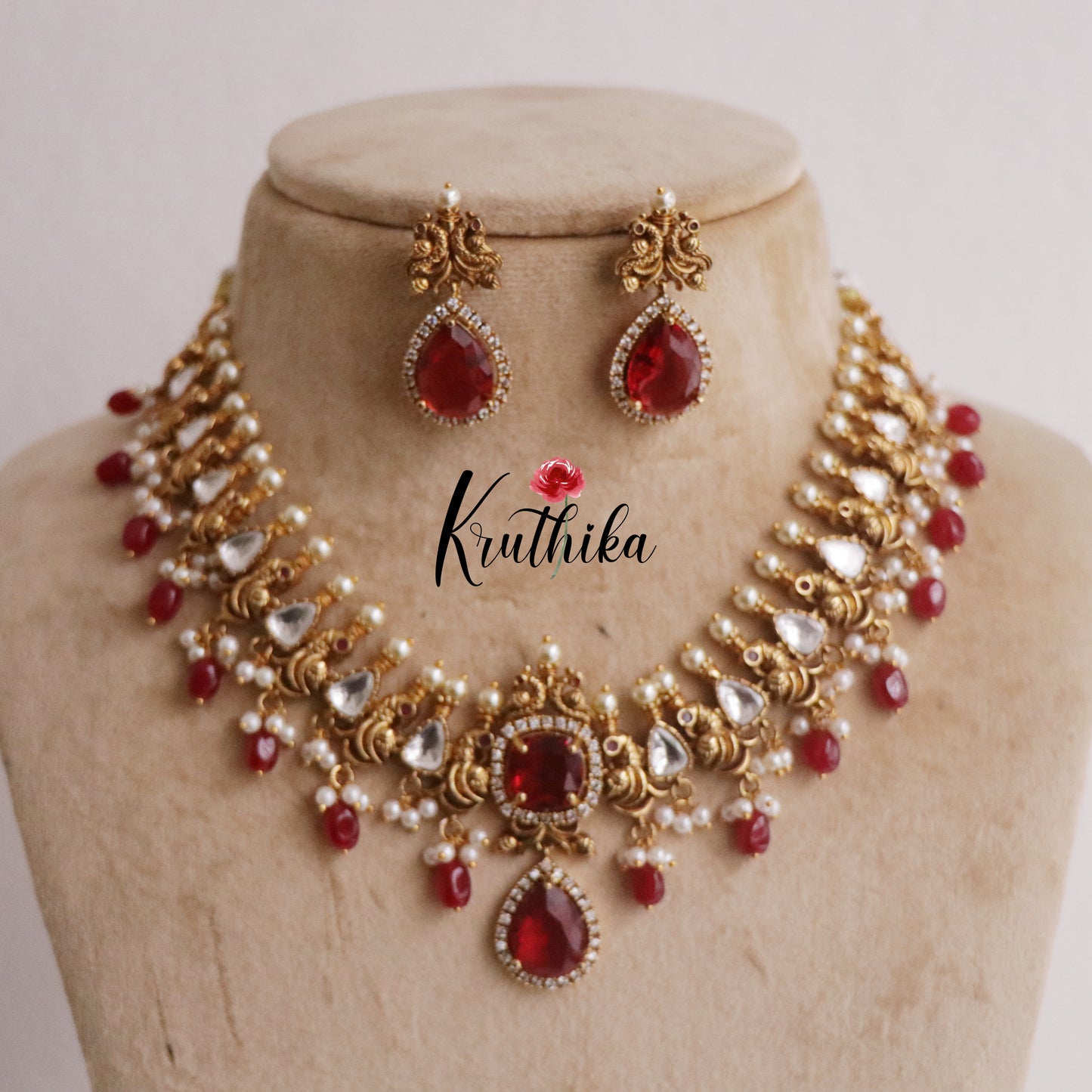 Elegant Peacock Victorian Moissanite Stones Necklace with Pastel Green Beads NC1940 (Available in 2 Colours)