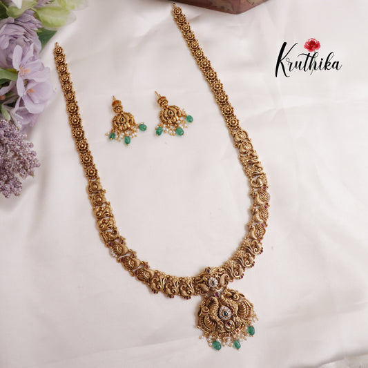 Beautiful Antique Peacock Haaram with Green Beads Drops LH1958