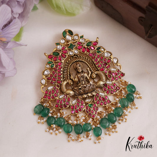 Traditional Lakshmi Peacock Motifs Jadau Pendant With Green Bead Drops PS260