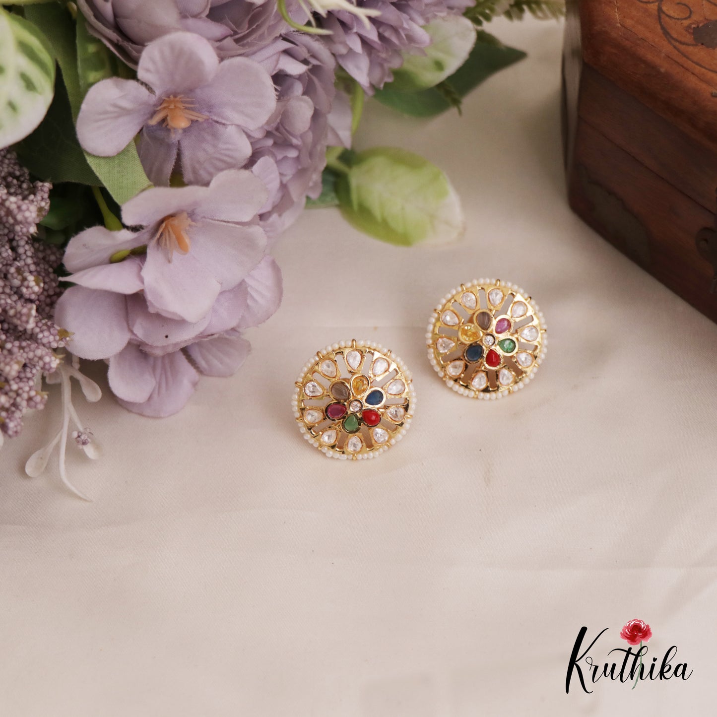 Trendy Pearl Border Floral Motifs AD Stud Earrings E991 (Available In 6 Colors)