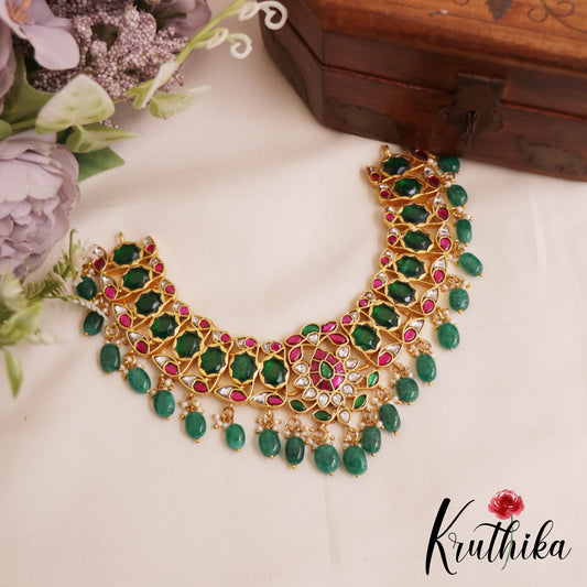 Stunning Floral Teardrop Motifs Jadau Choker With Green Bead Drops NC2844
