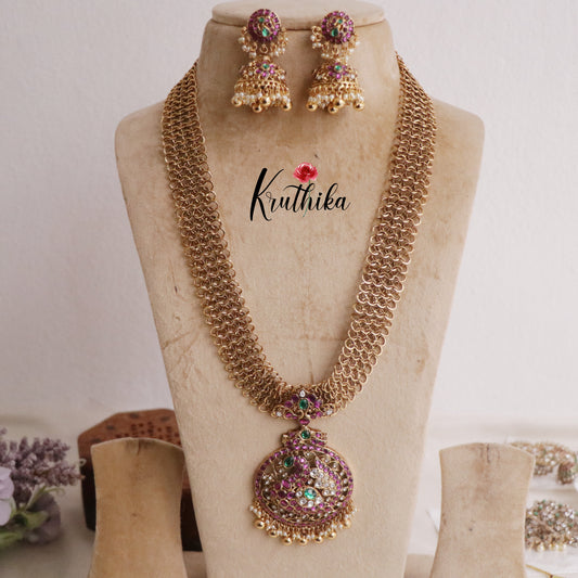 Classic Jadau Peacock Pendant Necklace with Golden Loop Chain Design and Jhumkas LH1935