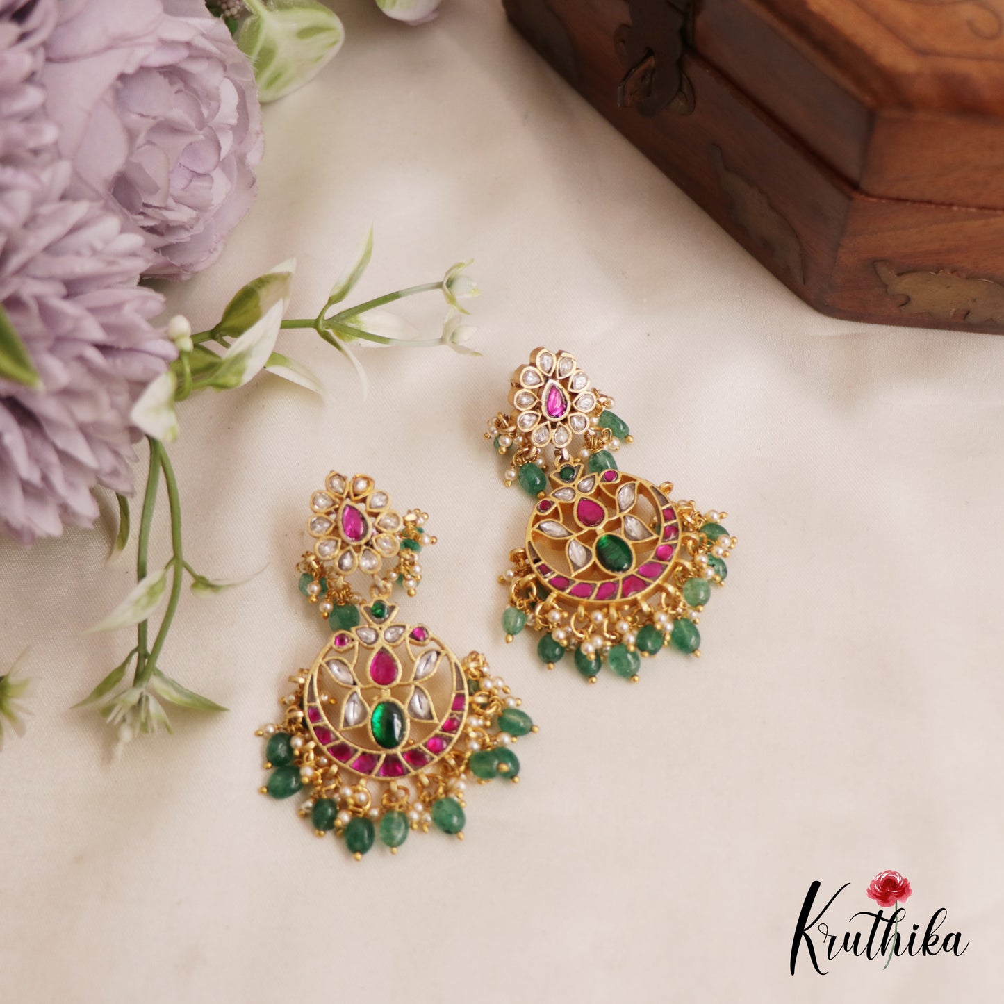 Gorgeous Floral Chandbali Jadau Earrings With Pearl And Bead Drops E847