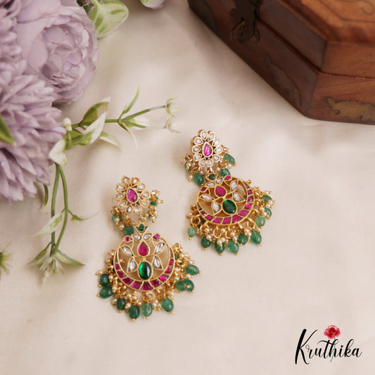 Gorgeous Floral Chandbali Jadau Earrings With Pearl And Bead Drops E847