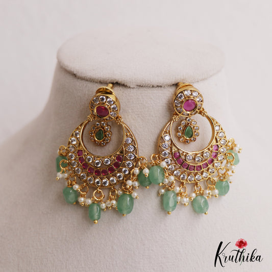 Classic Floral Motifs Chandbali AD Earrings With Bead Drops E1089 (Available In 2 Colors)