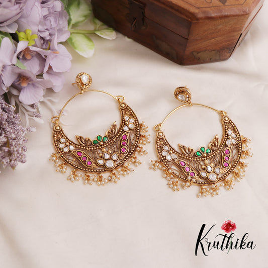 Beautiful Teardrop Kemp Chandbali Earrings With Pearl Drops E833