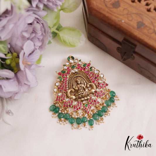 Traditional Lakshmi Peacock Motifs Jadau Pendant With Green Bead Drops PS260