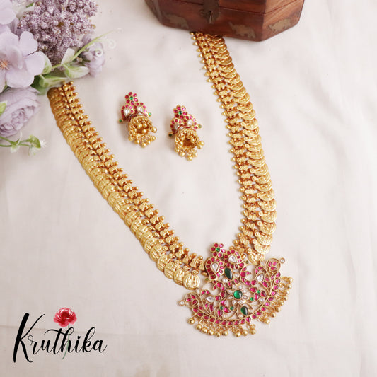 Beautiful Gold Finished Peacock Jadau Pendant Kasu Haaram LH1940