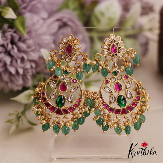 Gorgeous Floral Chandbali Jadau Earrings With Pearl And Bead Drops E847