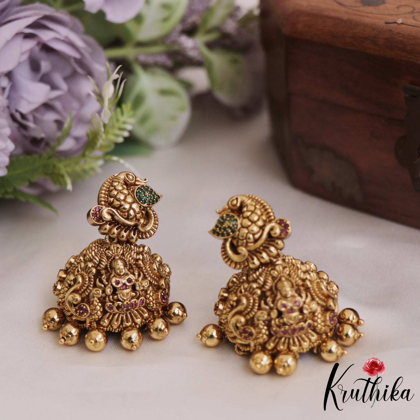 Gorgeous Antique Nagas Lakshmi Peacock Motifs Jhumkas With Golden Bead Drops E924