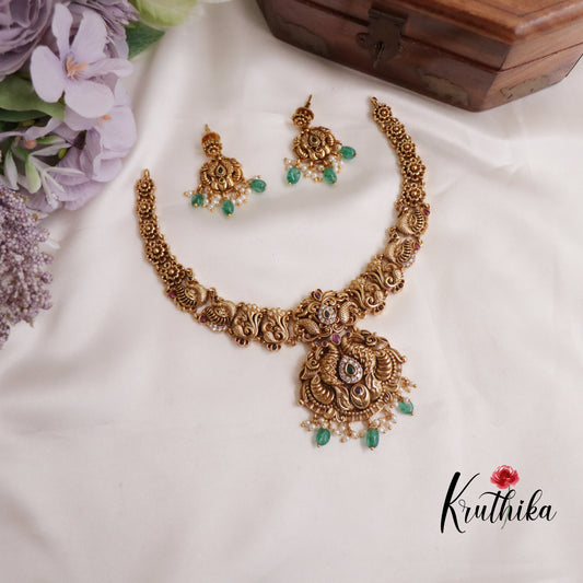 Beautiful Antique Peacock Necklace with Green Beads Drops NC2300