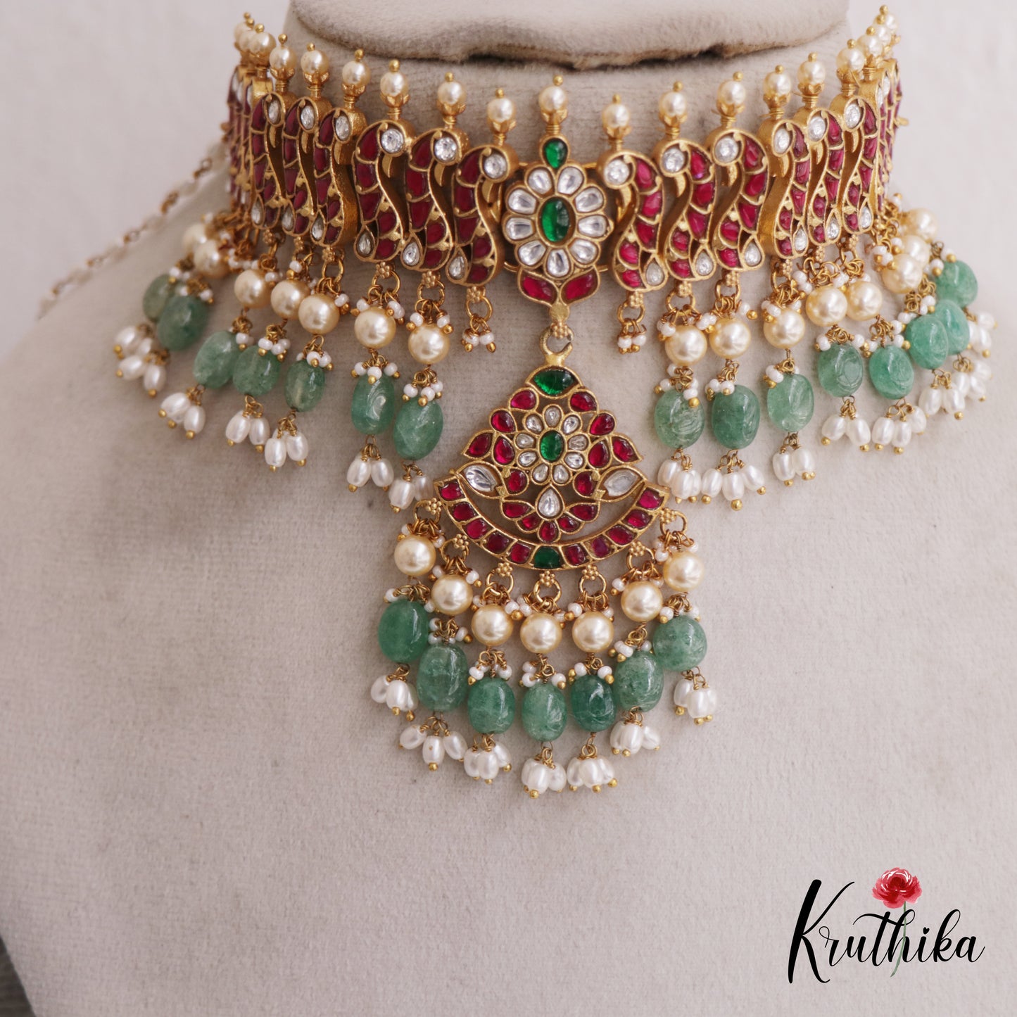 Beautiful Floral Peacock Motifs Jadau Choker With Triple Strand Pearl Chains NC2694