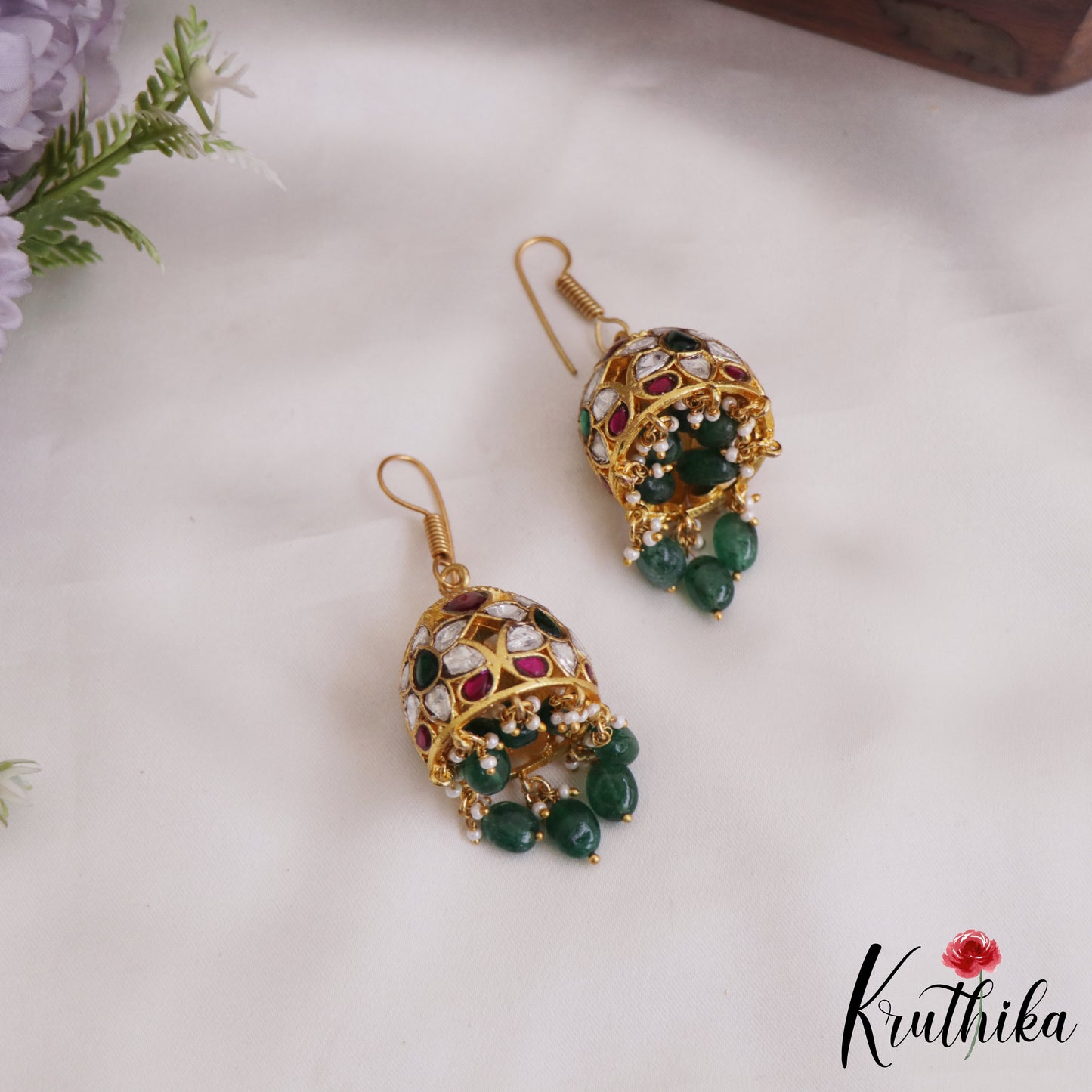 Simple Trendy Floral Motifs Jadau Jhumkas With Green Bead Drops E907