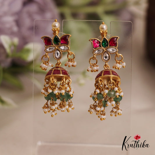 Beautiful Lotus Jhumka Jadau Earrings With Pearl And Bead Drops E849