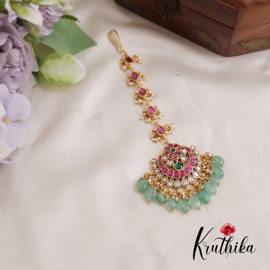 Gorgeous Floral Jadau Maang Tikka With Bead And Pearl Drops MT308