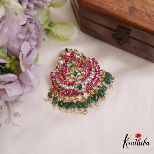Stunning Peacock Motifs Jadau Pendant With Green Bead Drops PS264