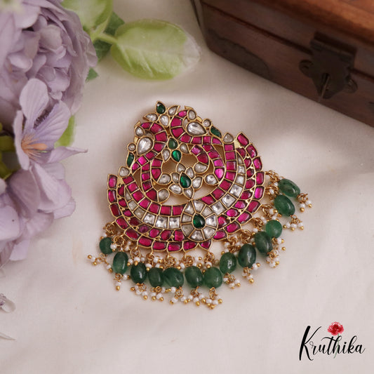 Stunning Peacock Motifs Jadau Pendant With Green Bead Drops PS264