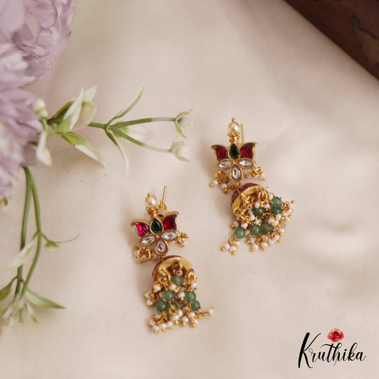 Beautiful Lotus Jhumka Jadau Earrings With Pearl And Bead Drops E849