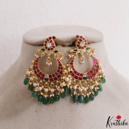 Stunning Mango Motifs Jadau Chandbali Earrings With Green Bead Drops E1189