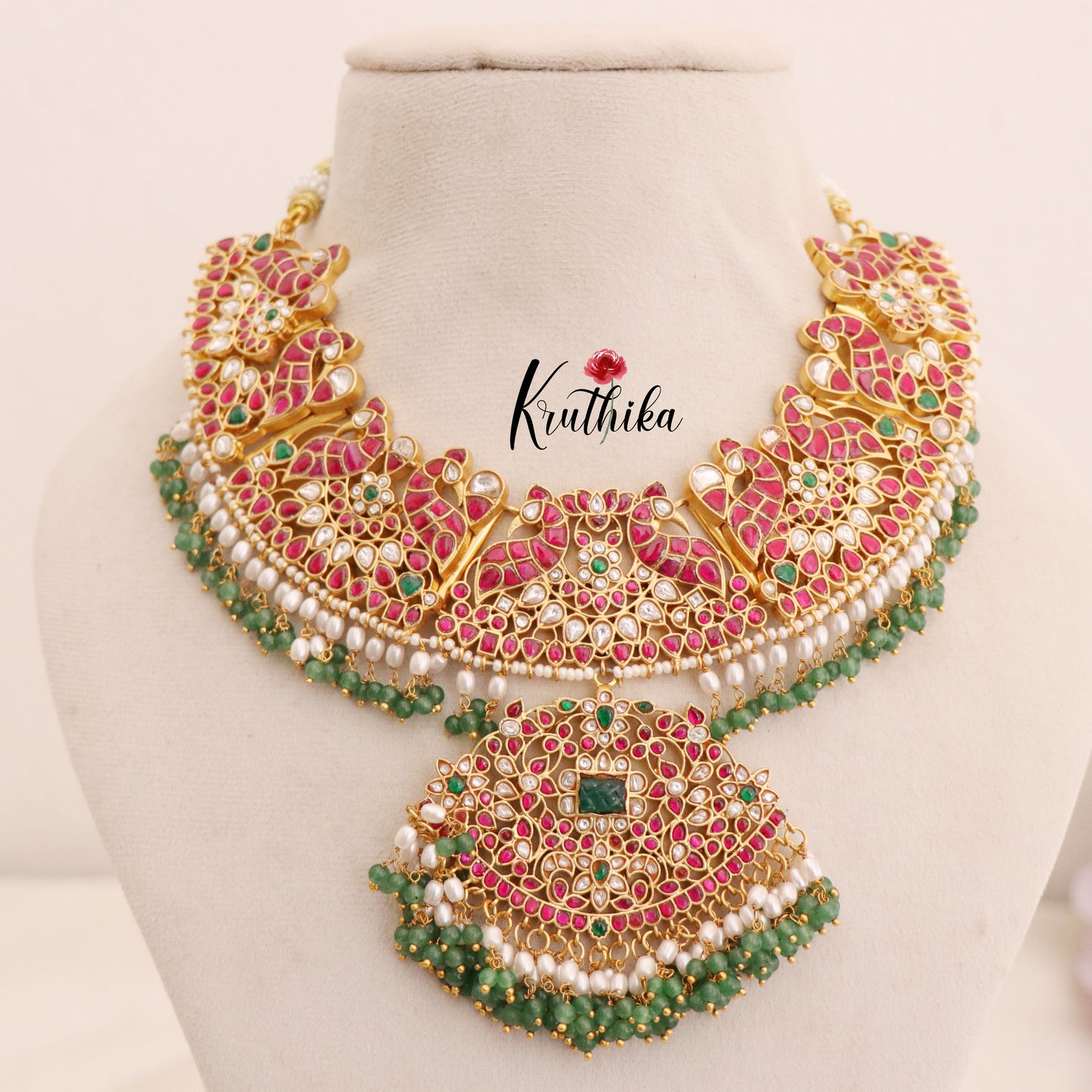 Grand hand crafted Jadau Peacock bead drops Necklace NC1784