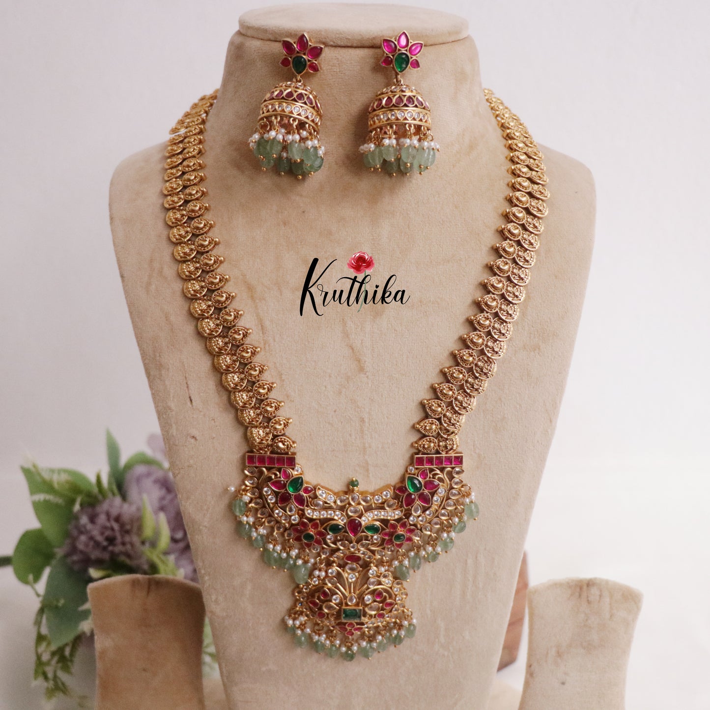 Grand Bridal Kasu Jadau Pendant Haaram with Pastel Green Beads Drops LH1947
